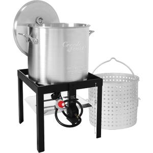 Creole Feast SBK1001 100 Qt Seafood Boiling Kit with Strainer, Outdoor Seafood Boil Pot and Basket with 100,000 BTUs Propane Burner and 10 PSI Regulator, Black & Silver