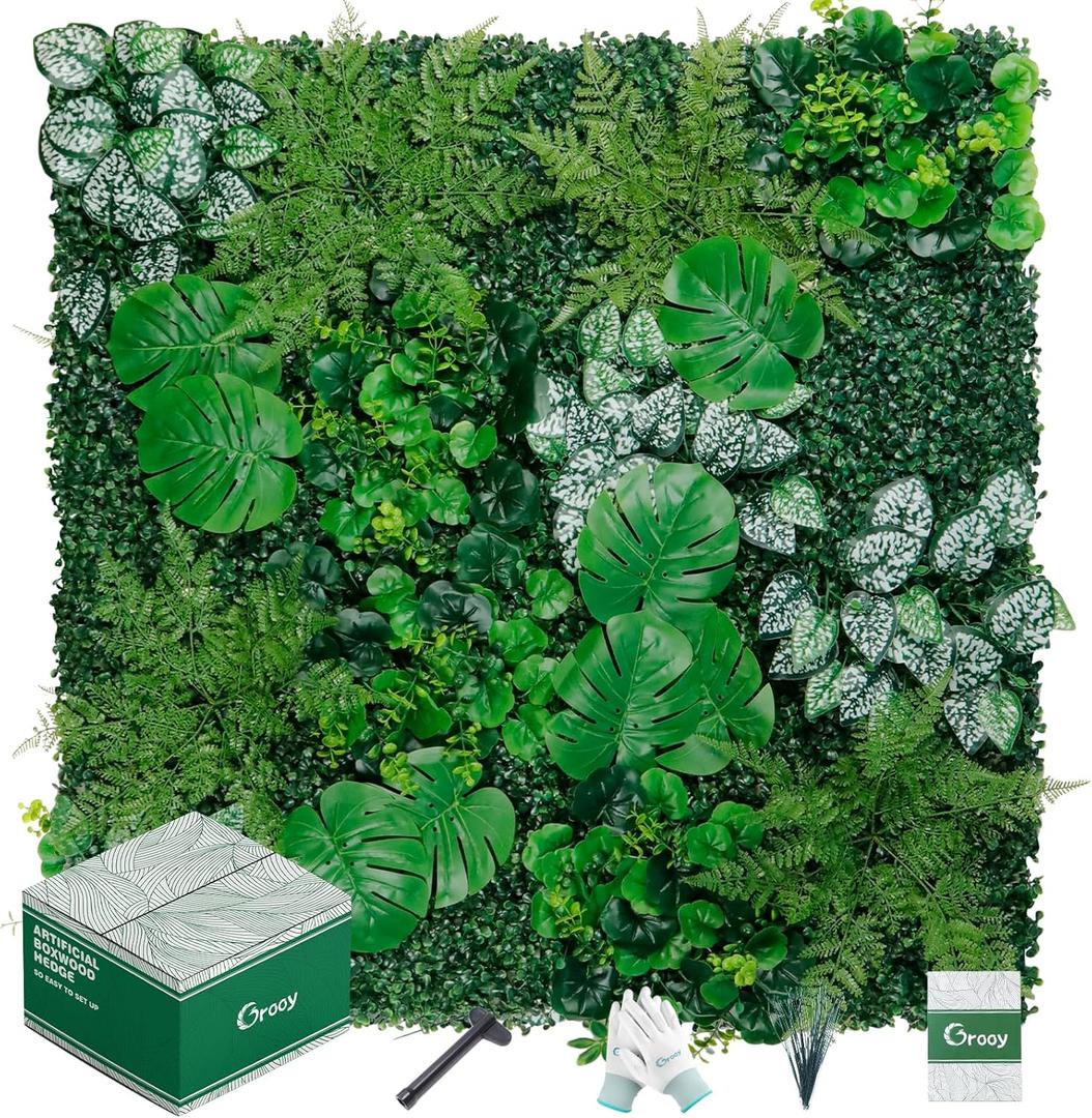Grooy Artificial Boxwood Panels, Grass Wall Panels 12 Pack 20"x20",Privacy Hedge Fence Screen with UV Protection, Fake Greenery Backdrop for Indoor Wedding Decoration and Outdoor Garden Backyard (Monstera)