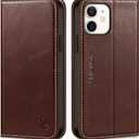 SHIELDON Case for iPhone 12 6.1", Genuine Leather Wallet Magnetic Book Protection Cover, Kickstand RFID Blocking Credit Card Holder Compatible with iPhone 12/12 Pro - Retro Coffee