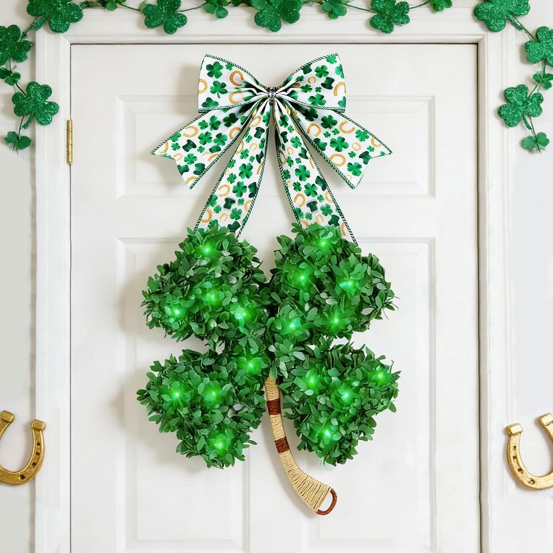 St Patricks Day Shamrock Hanging Decor with Green LED Lights, Irish Clover Lighted Wall Door Decoration for Home Indoor Festival Decor (Green)