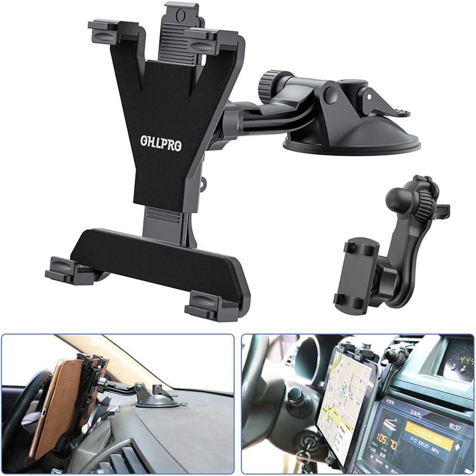 OHLPRO Dashboard Tablet Holder for Car, iPad Car Holder Suction Cup Mount Compatible with 7"-13" Tablets, Truck Windshield Vent with Flexible Arm Clip, Sturdy Adjustable Design, 360 Rotation, Black