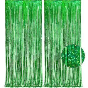 Green Tinsel Curtain Party Backdrop - GREATRIL Foil Fringe Streamers for St Patricks Day/Luau/Turtle/Hawaiian/Dinosaur/Ghost/Football/Christmas Decorations 2 Packs