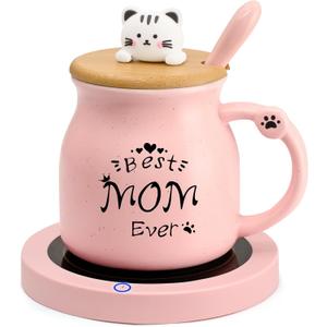 Coffee Mug Warmer, Best Mom Ever Mug, Cute Cat Mug Set, Cup Warmer for Desk, Gifts for Women, Pink Heated Warmer for Mom Home Office Christmas Birthday Gifts