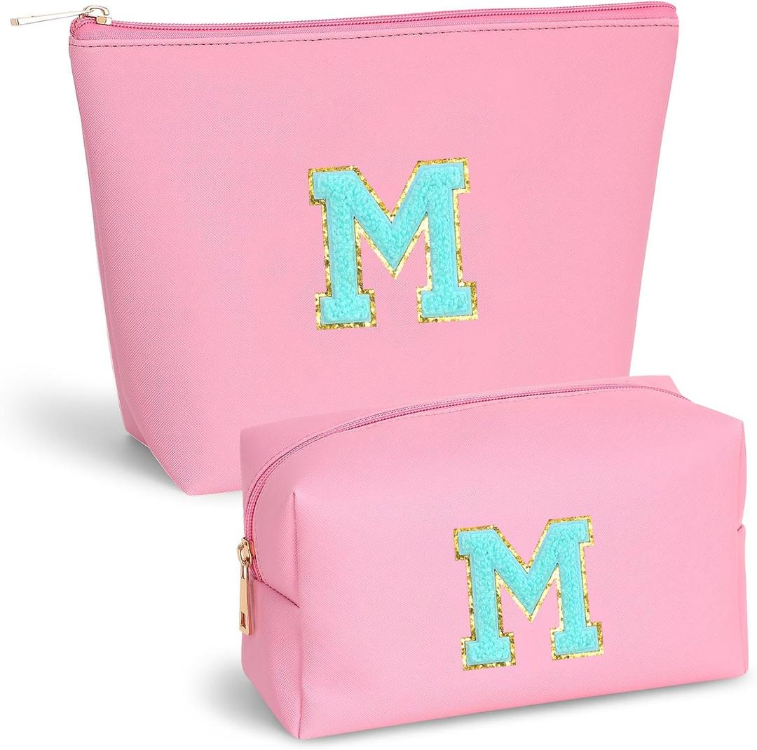 Initial Makeup Bag Set for Women, Personalized Letter Cosmetic Bags, Pink Zipper Makeup Pouch Set, Travel Toiletry Organizer, Birthday Gifts for Girls, Teens & Women 