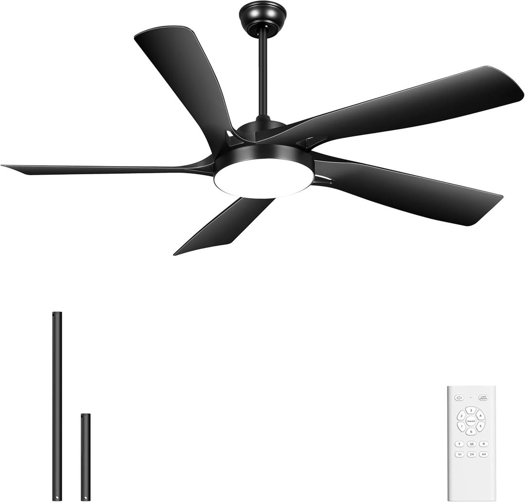 Ohniyou 60 Ceiling Fan with Lights and Remote - Black Modern Ceiling Fan with 6 Speeds, Quiet DC Motor, Reversible, Indoor Outdoor Ceiling Fans for Patios Bedroom Garage Living Room