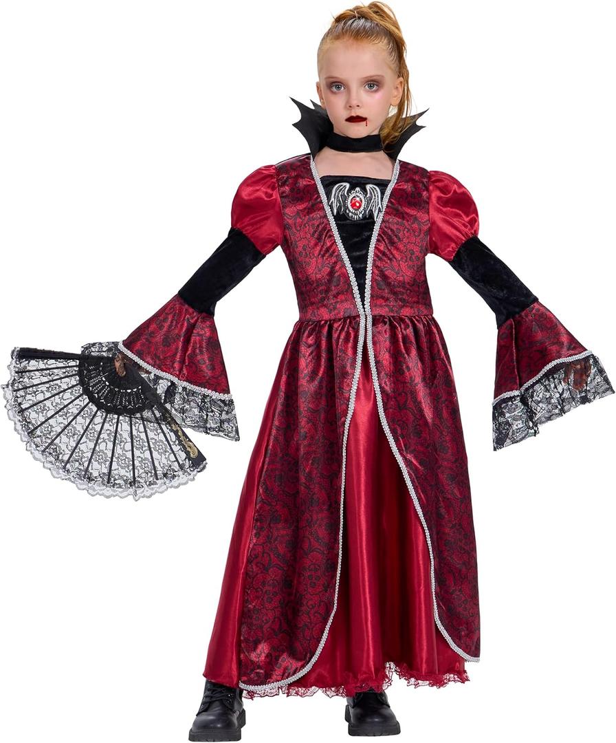 IKALI Girls Vampire Costume Outfit, Kids Princess Fancy Dress Up Gown for Halloween Party (Red)