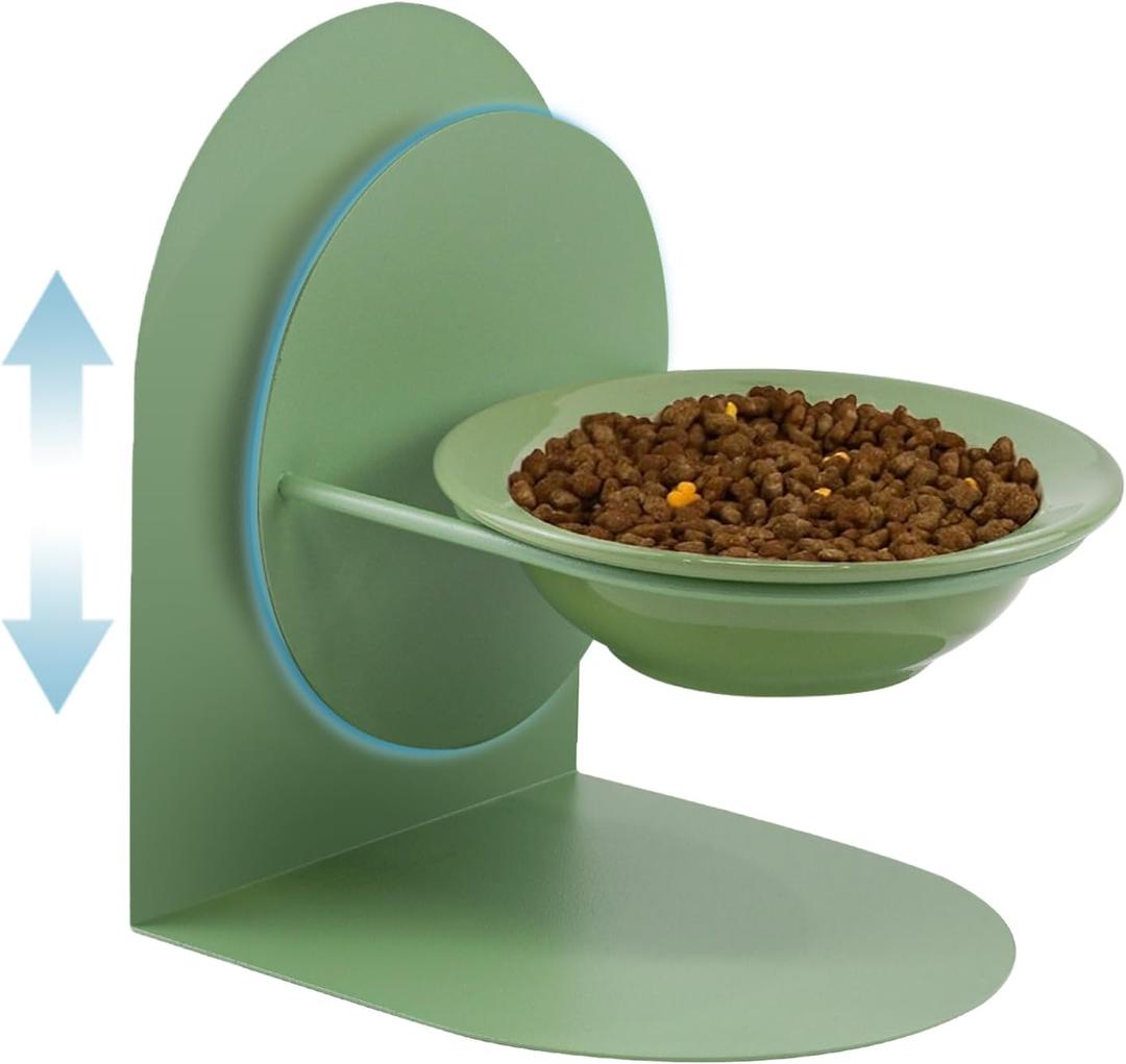 Adjustable Elevated Cat Bowl, Tilted Ceramic Cat Food Bowl with Metal Stand for Indoor Cats, Non-Spill & Non-Slip Raised Pet Feeder (Green)