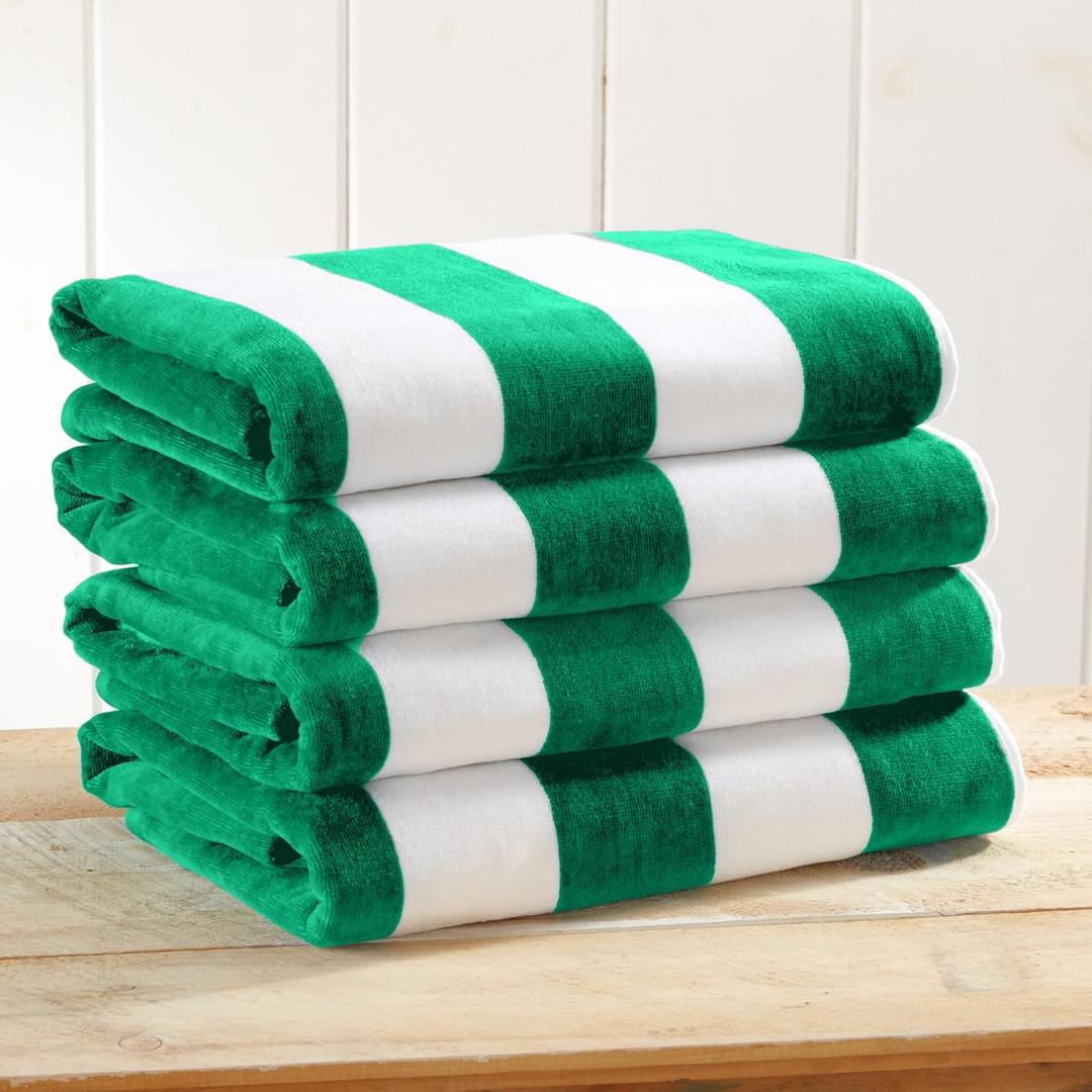 Great Bay Home 100% Cotton Velour Oversized 4 Pack Beach Towels 35" x 70" - Green Cabana Pool Towels - Quick Dry, Large Swim Towels for Adults and Kids