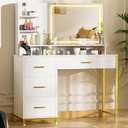 COMHOMA Vanity Desk with Mirror and Lights, Makeup Vanity Table with 4 Drawers & Storage Shelves, Large HD Mirror, 3 Color Modes & Adjustable Brightness, Modern Dressing Table for Bedroom, White