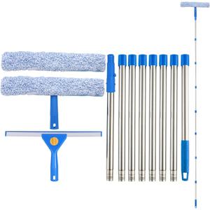 10Ft High Reach Window Cleaning Kit Cleaner Tool, 14" Window Squeegee and 15" Scrubber with Long Handle, Windows Washing Equipment with Extension Pole for Home Outdoor Use