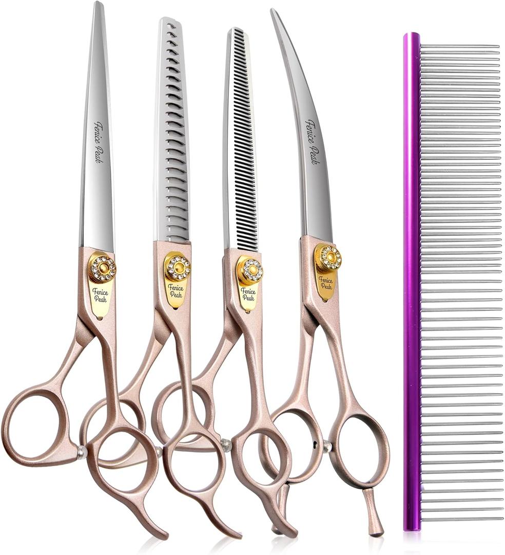 Fenice Peak 7 Professional Dog Grooming Scissors Set Rose Gold 440C Stainless Steel Straight Thinning Curved Chunker Shears 4pcs Set for Pet Grooming Services Dogs and Cats