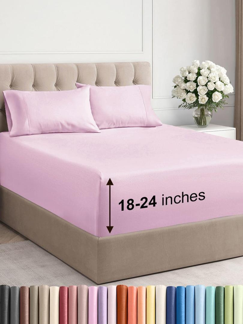 Extra Deep Pocket Full Sheets - 4 Piece Breathable & Cooling Bed Sheets - Hotel Luxury Bed Sheet Set - Soft, Wrinkle Free & Comfy - Easily Fits Extra Deep Mattresses - Deep Pocket Light Pink Sheets