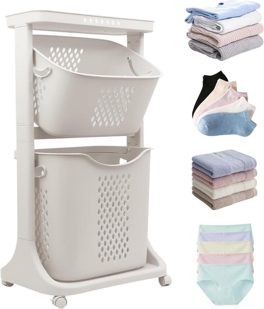 ALSO GO 2-Tier Household Laundry Hamper Sorter, White Removable Laundry Baskets, Portable Rolling Freestanding Plastic Laundry Hamper with 4 Wheels for Organizing Clothes, for Home, Bathroom, Dorm