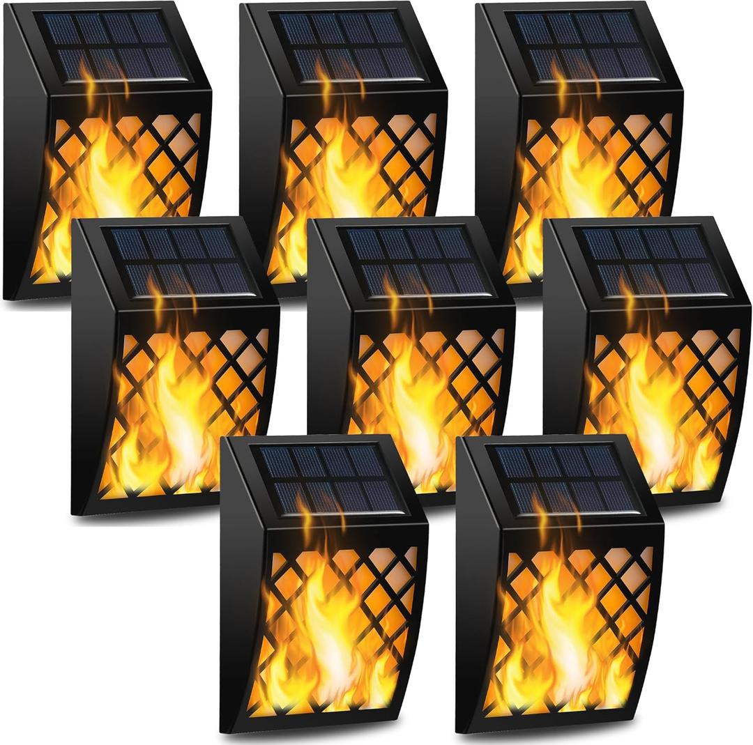 Dynaming Solar Flame Wall Lights Outdoor, 8 Pack Solar Powered Wall Lights, Flickering Flame Auto On/Off Wall Mounted Fence Deck Lights Lattice Decorative for Garage Garden Pathway Patio Porch Yard