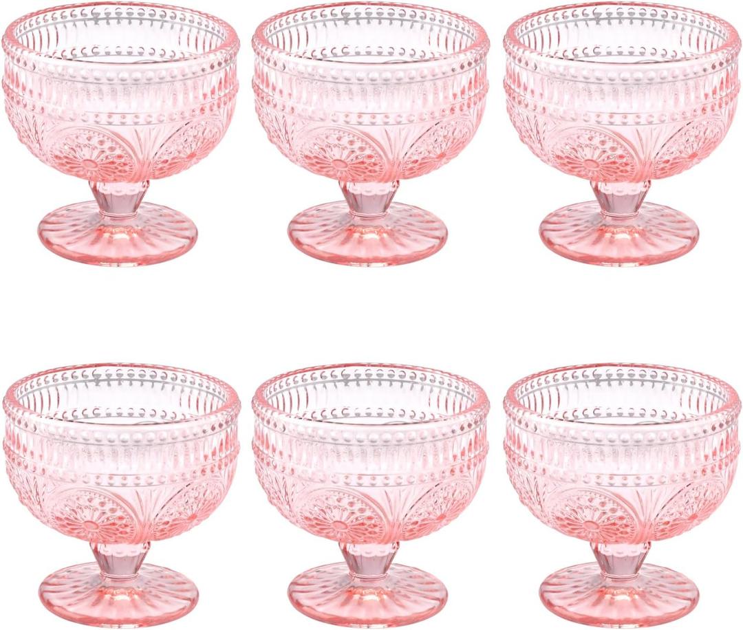 Vintage Glass Dessert Bowls Set of 6-11.5 oz Pink Embossed Glass Ice Cream Bowls for Salad, Candy Cake, Fruit,Trifle,Cocktail