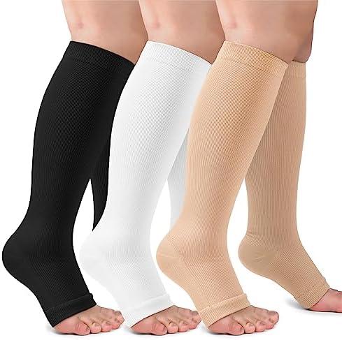 3 Pack Copper Compression Socks for Women & Men, 20-30mmHg Open Toe Knee High Stockings for Circulation Support Large