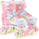 SULIFEEL Roller Skates for Girls Ages 3-12, 4 Sizes Adjustable Kids Quad Skates with Light up Wheels-Birthday Gift for Indoor Outdoor Sports (Small - Little Kid, Green)
