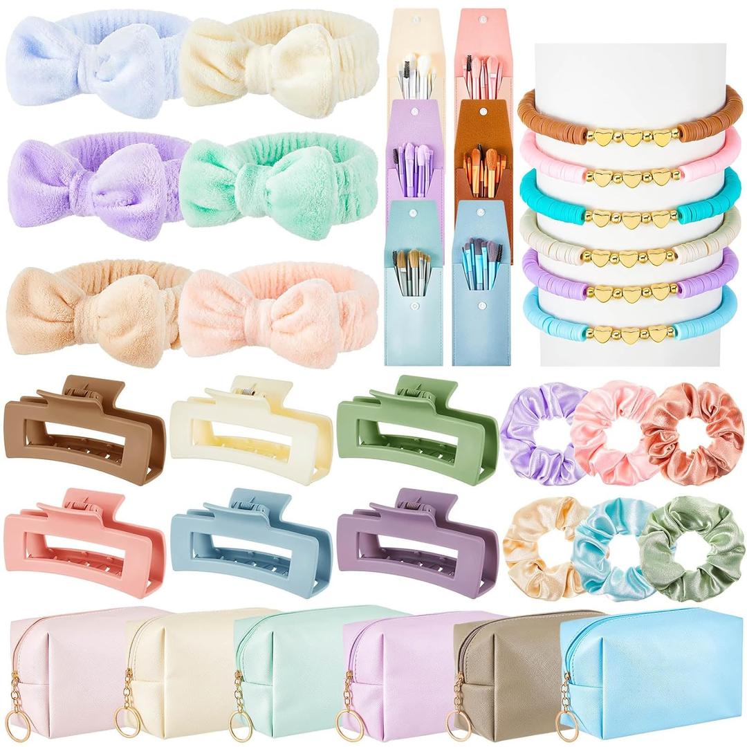 Zeyune 36 Pcs Gifts Sets Bulk for Tween Teen Women Preppy Party Favors Set Preppy Makeup Bag Hair Pin Scrunchies Headbands Bracelets Trendy Stuff Gift for Women Friend Birthday Present(Vivid Colors)