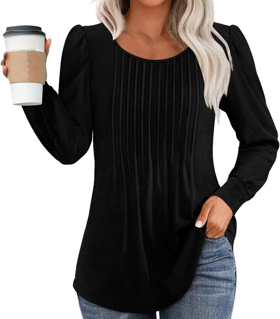 LOVESHOOT Womens Long Sleeve Blouse Fall Dressy Casual Pleated Crew Neck Shirts Floral Bohemian Tunic Tops (Black, L)