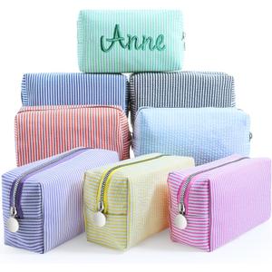 Giesiery 8 Pcs Seersucker Makeup Bags Striped Cosmetic Bags Bulk Organizer for Women Preppy Travel Toiletry Pouch for Wedding Bridesmaid Gifts (Mixed Color, Medium)
