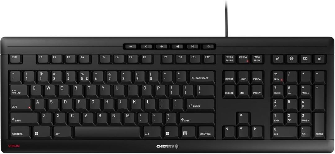 Cherry Stream Keyboard, Wired Keyboard for PC/Laptop, Whisper Quiet Silent Keys, Unique Typing Feel, Slim Design, SX Scissor Switches, USB-A, QWERTY, Black