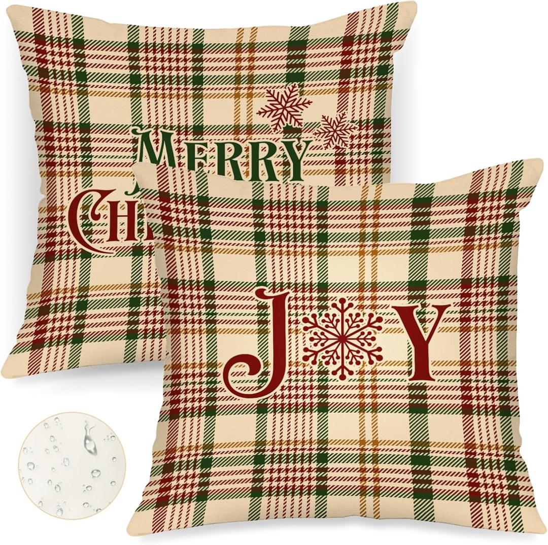 Lanpn Outdoor Christmas Throw Pillow Covers 16x16 Set of 2, Classic Stripes Decorative Waterproof Oxford 16 x 16 Holiday Stripe Cushion Cases Home Outside Porch Winter Xmas Decor Decoration (Yellow & Green & Burgundy)