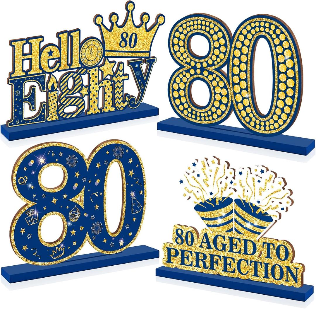 Happy 80th Birthday Table Decorations Blue 80th Birthday Table Centerpieces Sign Navy Blue Gold 80th Birthday Party Supplies Decorations for Men Women Wooden Vintage 1944 Centerpieces for Tables Decor