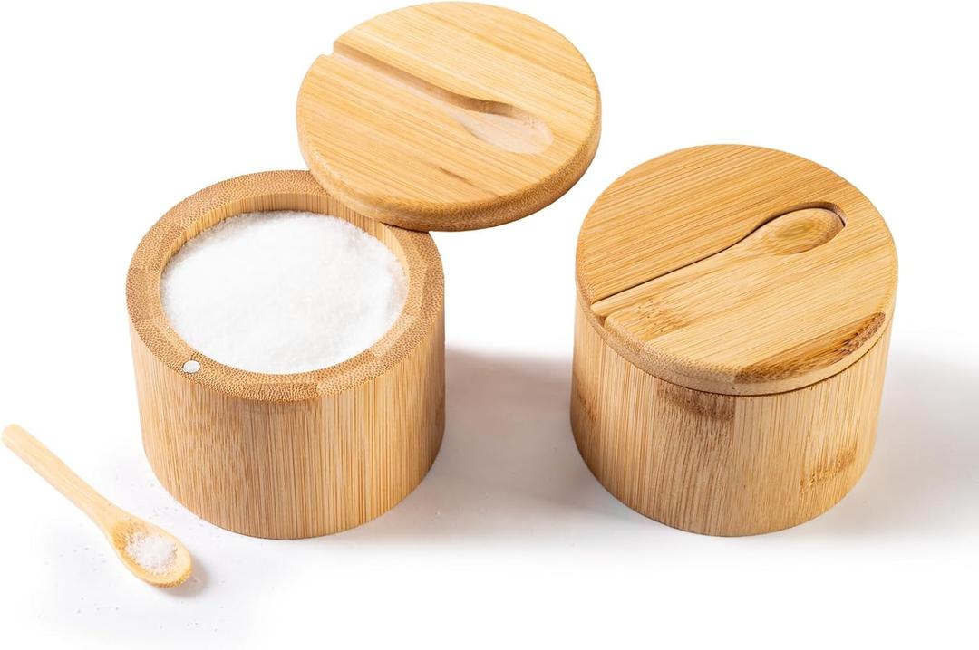 Bamboo Salt Cellar, 2PCS Salt Container with Spoon&Magnetic Screw Lid, Elegant Kitchen Salt Cellar with lid for Countertop Storage Pepper Spice Sea Salt