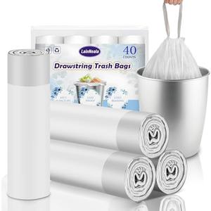 Pack of 3 LainNeala 40 Counts 4 Gallon Small Drawstring Trash Bags, Small Garbage Bags Code a fit 10-15 Liter, 3.5-4 Gal Mini Trash Bag, White Trash Bin Liners for Home Office Kitchen Bathroom Bedroom