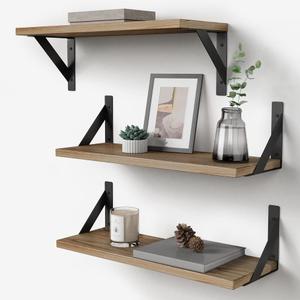 Floating Shelves with Black Metal Brackets Set of 3, Light Wood Wall Bookshelf for Bedroom Over Desk Bed, Hanging Shelf for Office Kitchen Living Room, Bathroom Over Toilet (Natural Color) (17 Inches)