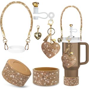 6PCS Diamond Glitter Stanley Cup Accessories Set 30&40 Oz, Includes 1 Diamond Silicone Boot, 1 Diamond Handle Strap, 1 Straw Covers,1 Straw Adapters Charm Blank with 2 Glitter Charms (Gold)