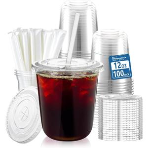 Homestockplus 100 Pack 12 oz BPA-Free Clear Plastic Cups with Lids and Straws - Leak-Proof Disposable Straw Cups, Iced Coffee Cups for Kids Drinks, Smoothies & To-Go Cold Beverages