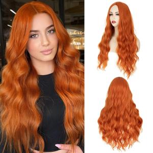 S-noilite Long Wavy Wig 24inch Orange Long Wigs for Women Side Part Natural Looking Synthetic Wigs for Cosplay Daily Use