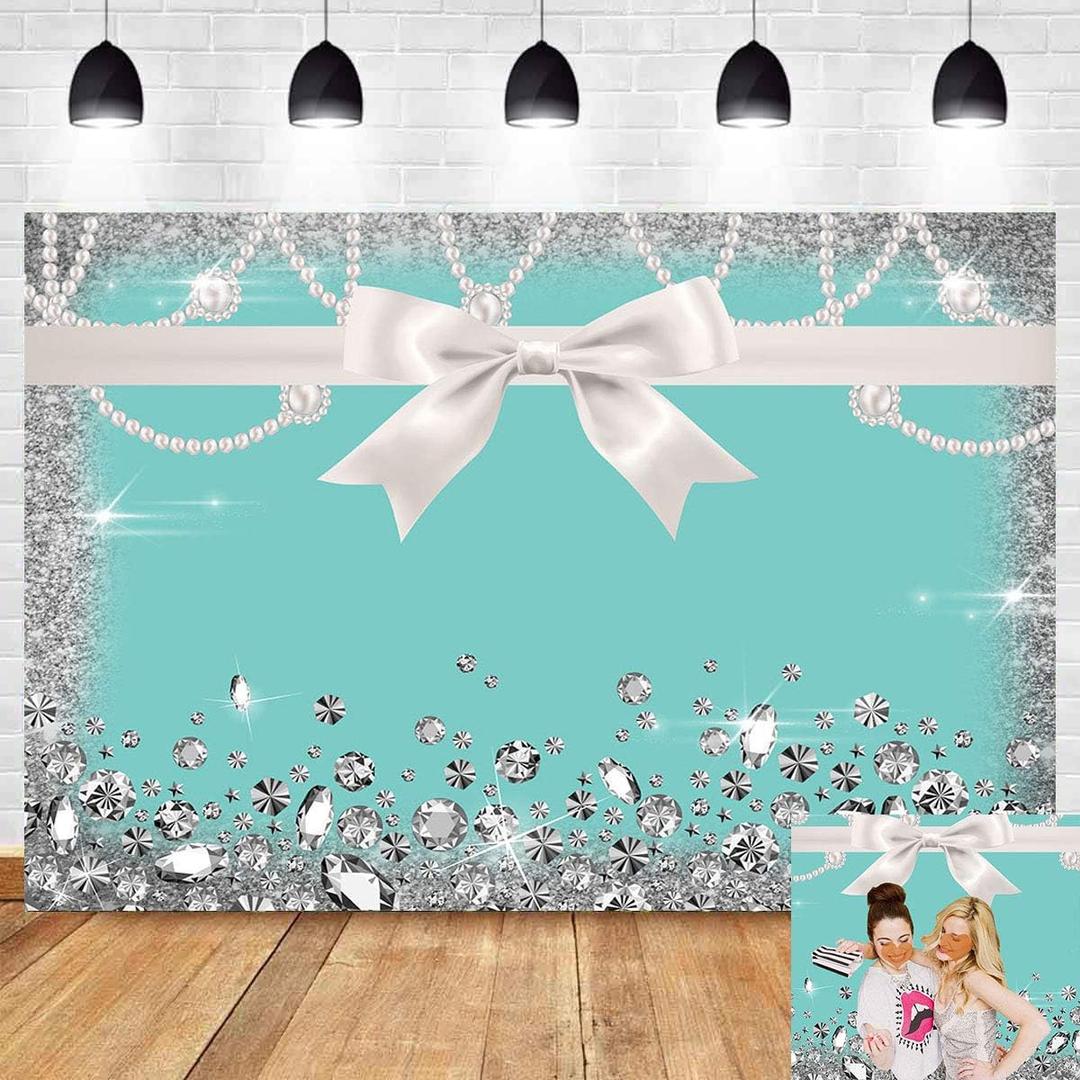 8x6ft Breakfast Blue Bow-Knot Birthday Party Photography Backdrop Sweet 16 Turquoise Diamond Bow Glitter Photo Background Vinyl Bridal Shower Wedding Party Banner Supplies Backdrops Studio Props