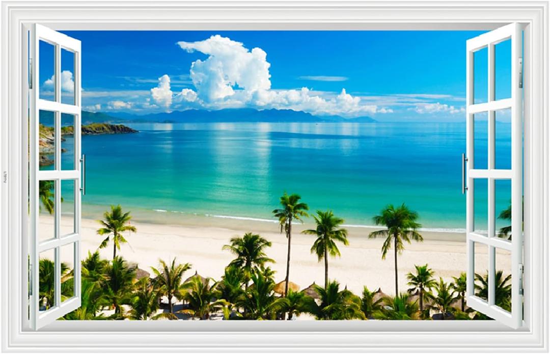 Kiddale Fake Windows Wall Sticker, Removable 3D Beach Seascape Faux Windows Wall Decals for Bedroom Living Room Decoration,27.5"x18"
