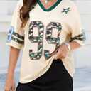 Bellcoco Jersey Shirts for Women Y2k Number Graphic Tees Oversized Half Sleeve V Neck T Shirt Tops Football Streetwear Beige Graphic, Large