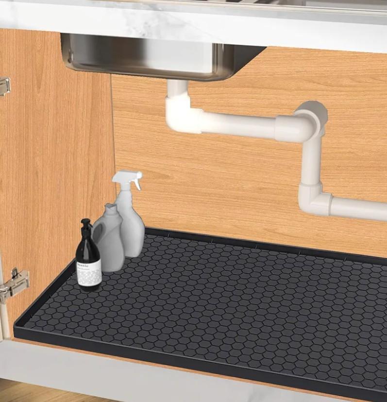 Under Sink Mat 37 x 22 for Kitchen Waterproof, Silicone Under Kitchen Bathroom Sink Liner Mat, Easy to Clean Cabinet Mat Organizers and Storage, Black