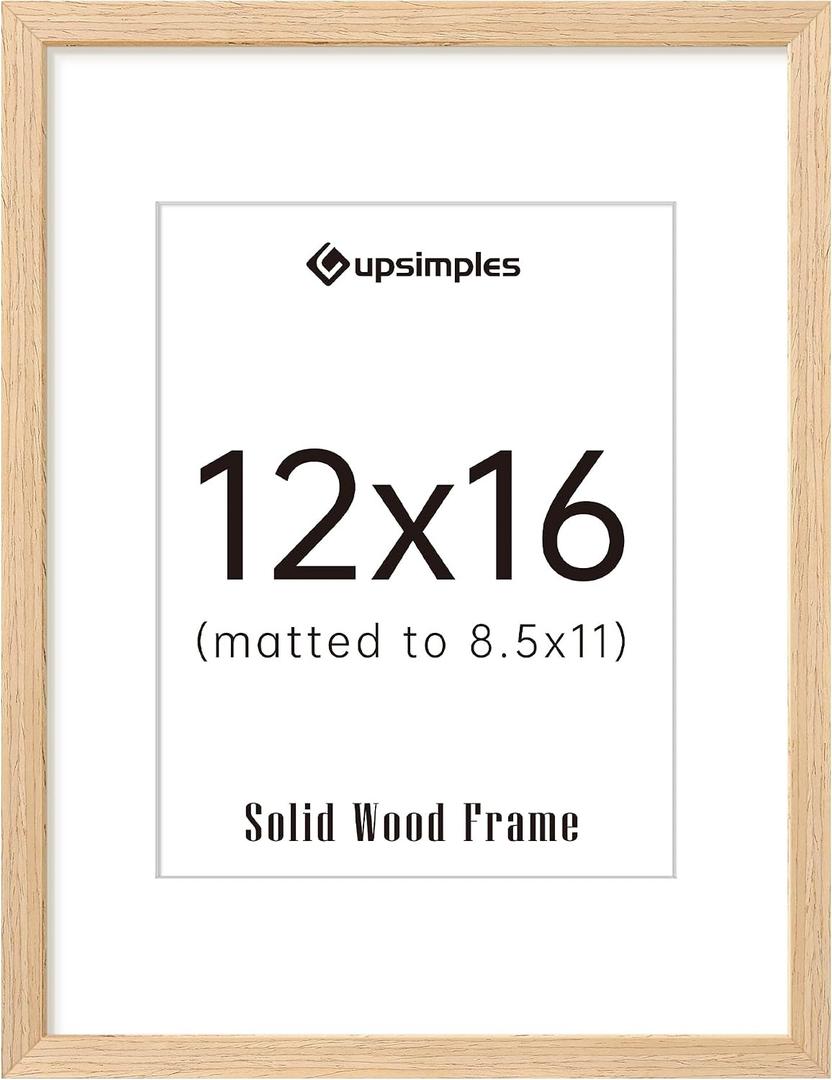 upsimples 12x16 Frame, Natural Solid Wood Picture Frames, Display 8.5x11 with Mat or 12 x 16 Without, Vertical & Horizontal Wall Hanging, 1 Pack, Natural