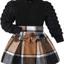 Noubeau Toddler Girls Plaid Outfits Girls Puff Sleeve Knit Ribbed Shirt Tops Plaid Skirt Set Kids Fall Winter Clothes (7 Years)