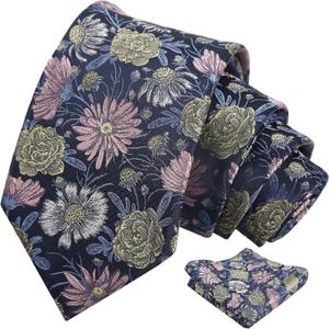 Alizeal Mens Colorful Large Bloom Tie and Pocket Square for Party Nights and Weddings (928-navy+pink+yellow)