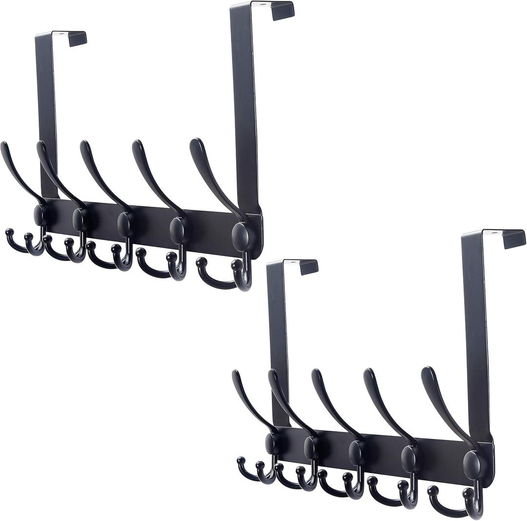 SKOLOO Over The Door Hook - for Doors up to 1-3/4'' Thickness, Pack of 2, Metal Door Hanger with 5 Triple Hooks, Black Over The Door Hanger for Coats, Hats,Towels, Assembly Required