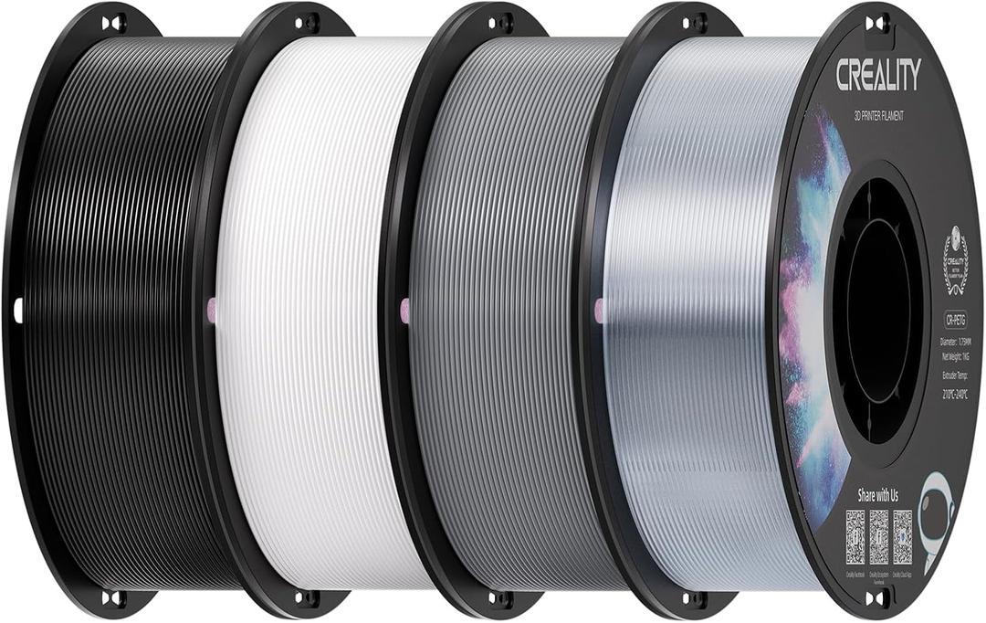Creality 3D Printer Filament Bundle, PETG Filament 1.75mm Multicolor, Excellent Toughness High Precision, Odorless Non-Toxic Moistureproof, 1 kg X 4 Spools (Black, White, Gray, Transparent)
