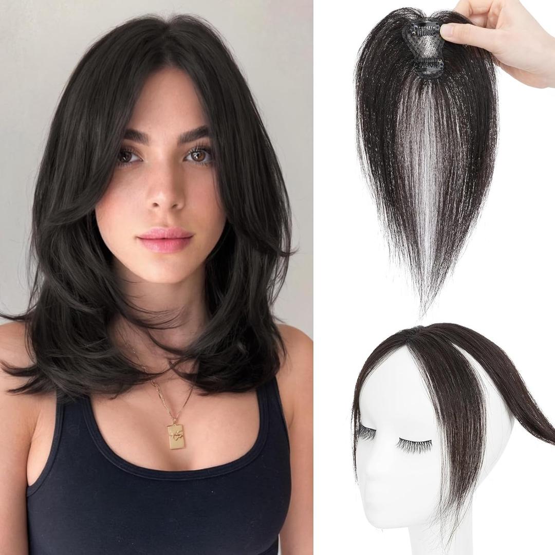 S-noilite Bangs Hair Clip,360 3D Cover Real Clip in Bangs Human Hair Toppers for Women With Side Bang Daily Wear (Natural Black)