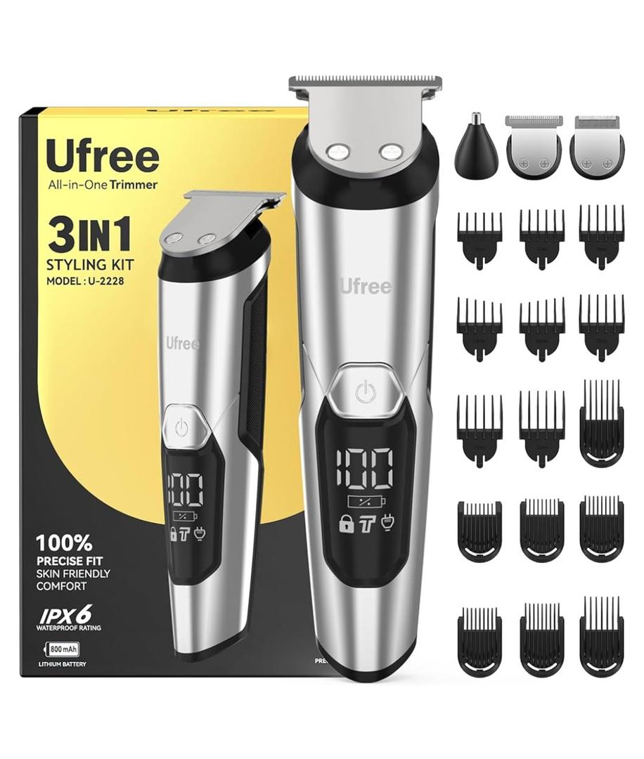 Ufree 3-in-1 Beard Trimmer Kit, Men's Electric Shaver Razor for Mustache Body Nose Facial Hair, Professional Hair Trimmer, Rechargeable Clippers, Waterproof Beard Grooming, Birthday Gifts for Men