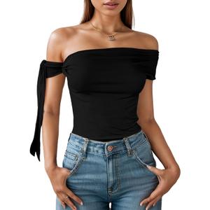 Off The Shoulder Tops for Women Tie Shoulder Ruched Going Out Slim Fit Sexy Solid Y2K Summer Tops (Medium, Black)