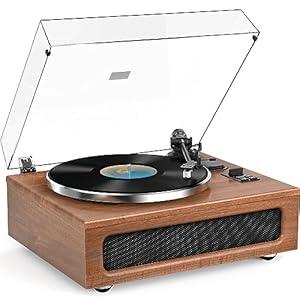 Record Player All-in-One Vintage Turntable for Vinyl Records Built-in 4 Stereo Speakers High Fidelity Audio AT-3600L Phono Belt Drive Vinyl Player BT Wireless Pariing Aux-in RCA Auto Stop Walunt Brown