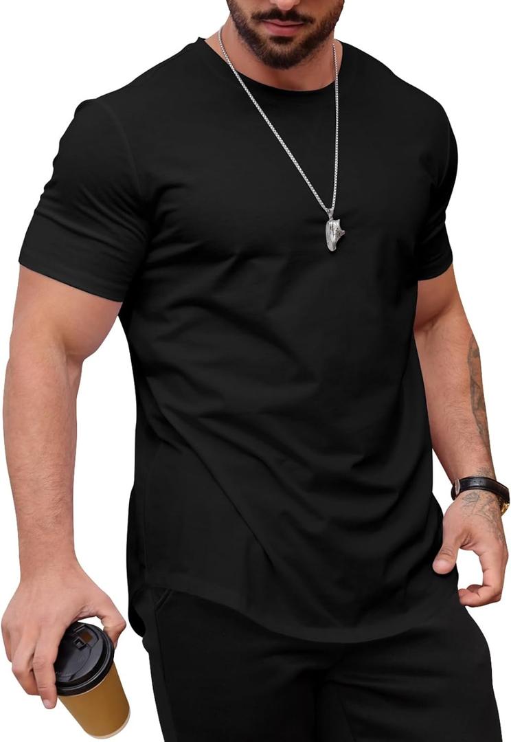 Mens T Shirts Casual Hipster Hip Hop Longline Crewneck Tee Shirts (Black, L)