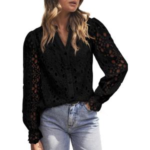 MASCOMODA Women's Tops Dressy Casual Fall Puff Long Sleeve Eyelet Button Shirts V Neck Lace Embroidered Hollow Out Work Blouse (X-Large, Black)