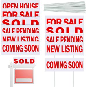 Juexica 12 Pcs Real Estate Rider Signs 6" x 17.2" Open House Signs for Real Estate Double Sided Waterproof Plastic Coming Soon Sold Sign Bundle with 24 Stakes 6 Different Messages Supplies, Red Letter