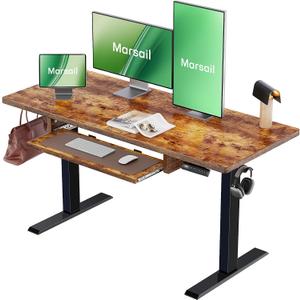 Marsail Electric Standing Desk with Ergonomic Keyboard Tray, 48x24 Inch Adjustable Height with 27.5 to 46.7 Height Range, 4 Memory Presets, Smooth and Quiet Lifting, Computer Workstation, Rustic